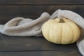 Close up image of round yellow pumpkin with beige wool cozy plaid around lie on dark wooden background.