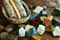 Rough Healing Crystals and White Sage Bundles Royalty Free Stock Photo