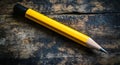 A close-up image of a sharpened yellow pencil on a weathered wooden surface, emphasizing the texture and grain patterns