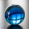 A close-up image of a shiny blue glass marble placed on a reflective surface. The Royalty Free Stock Photo