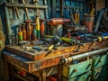 Roofing Tools CloseUp A Detailed Look at Essential Hammers Nails and Accessories on a Workbench Ready for Action Royalty Free Stock Photo