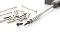 Close-up of assorted screws and a screwdriver bit on a white background Royalty Free Stock Photo