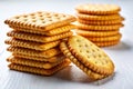 Perfectly Stacked Crackers on a Crisp White Background Closeup Stock Image for Food Packaging Baking and Recipe Royalty Free Stock Photo