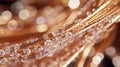 Dew Drops Clinging Onto Golden Metal Wires in Early Morning Sunlight Royalty Free Stock Photo