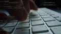 Close-Up of Hands Typing on Keyboard with Overlay of Computer Code and Programming Syntax in a Technology-Focused Royalty Free Stock Photo