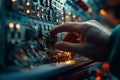 Navigating Technology: Hand Adjusting Complex Control Panel with Wires Royalty Free Stock Photo