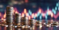 Financial Growth Concept with Stacks of Coins and Stock Market Chart Royalty Free Stock Photo