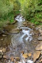 Close-up image of a small wild waterfall in the form of short streams of water between mountain stones Royalty Free Stock Photo