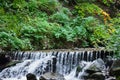 Close-up image of a small wild waterfall in the form of short streams of water between mountain stones Royalty Free Stock Photo