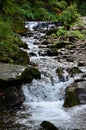Close-up image of a small wild waterfall in the form of short streams of water between mountain stones Royalty Free Stock Photo