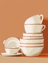 A close-up image of a stack of ceramic bowls and cups with red trim, on a tan background. Generative AI Royalty Free Stock Photo