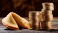 Stack of coins and a fortune cookie, symbolizing wealth, luck, and prosperity Royalty Free Stock Photo
