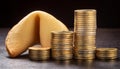 Stack of coins and a fortune cookie, symbolizing wealth, luck, and prosperity Royalty Free Stock Photo
