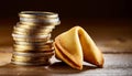 Stack of coins and a fortune cookie, symbolizing wealth, luck, and prosperity Royalty Free Stock Photo
