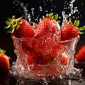 close up image Strawberries in a glass of water splash on a dark background