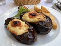 Close up image of Stuffed Egglplant, delicious Greece dinner 