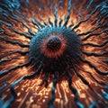 A close-up image of a stylized virus particle with a glowing core and tendrils.