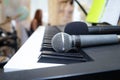 Close-up image of synthesizer`s keyboard and microphone Royalty Free Stock Photo