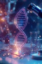 A close-up image of a table with a microscope and a strand of DNA, ideal for science-related projects or educational Royalty Free Stock Photo