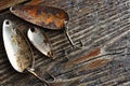 Three Old Rusted Fishing Hooks Royalty Free Stock Photo