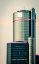 Close up image of the top of the General Motors World Headquarters at the Renaissance Center.