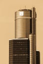 Close up image of the top of the General Motors World Headquarters at the Renaissance Center. Gold.