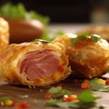 Close-up image of a traditional Iberian-style ham and egg roll, decorated with fresh coriander