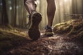 Close up image of trail runner man walking on forest. AI generated