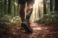 Close up image of trail runner man walking on forest. AI generated