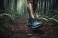 Close up image of trail runner woman walking on forest. AI generated