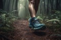 Close up image of trail runner woman walking on forest. AI generated