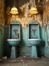 Close-up image of two identical mint green sinks, in a derelict, lighted space.