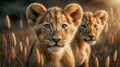 Close up of two lion cubs,side lighting