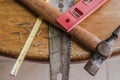 Close-up image of typical carpenters DIY tools. Royalty Free Stock Photo