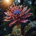 Radiant Dew-Kissed Red Flower with Golden Stamens in Ethereal Sunlight Royalty Free Stock Photo