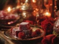 Close-up image of a Valentines table with magical ambiance, featuring three decorative cakes rosewater, raspberry Turkish delights Royalty Free Stock Photo