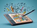 Close-up image of a vibrant orange digital drawing tablet with a stylus on its surface, surrounded by floating comic panels and Royalty Free Stock Photo