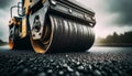Detailed view of a vibratory roller compacting hot asphalt, close-up view. Generative AI