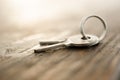 close up image of vintage skeleton keys over wooden Royalty Free Stock Photo