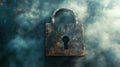 Close up of a rusty padlock against a background of cloudy blue smoke Royalty Free Stock Photo