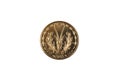 Golden 5 West African Franc coin on a white background Royalty Free Stock Photo