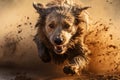 Close-up image of wet brown dog running towards camera through dust and mud Royalty Free Stock Photo