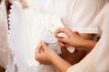 Close-up image of white sock wearing on little boy foot