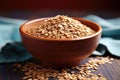 close-up image of whole grain cereal in a ceramic bowl