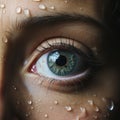 close-up image of a woman\'s eye light blue iris, water droplets on her face, generative ai