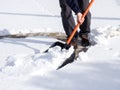 Close up image of worker shoveling snow from the sidewalk