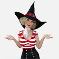 Close up image of a young beautiful blond female witch with her hands up shrugging lips pursed on an isolated white background Royalty Free Stock Photo