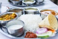 Close up on Indian dal bhat served with steamed rice and lentil soup