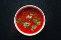 Close-up of Indian Homemade fresh tomato soup garnished with fresh coriander leaves and dry mint or basil leaves, Royalty Free Stock Photo