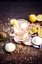 Close up of Indian most popular summer drink Nimbu pani or Nimbo sarbat,Lemonade in a transparent glass with salt Royalty Free Stock Photo